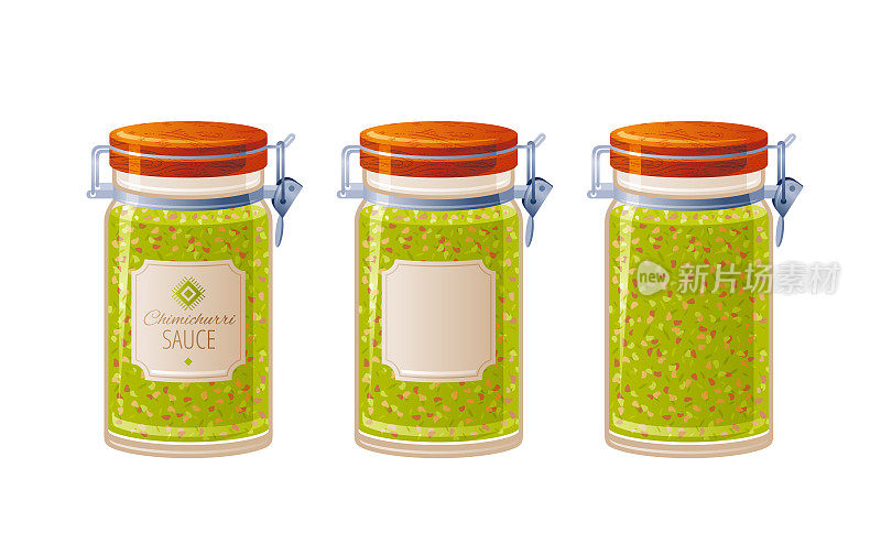 Sauce vector. Hot green sauce, chimichurri pesto salsa. Mexican or argentinian marinade with parsley oregano avocado oil. Glass jar with spicy food and label. Vector illustration of herb bottle